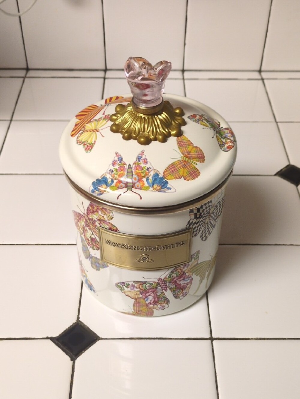 Butterfly Enameled Jar with Butterfly w/ Lid Knob - Cream & Gold - Picture 3 of 6
